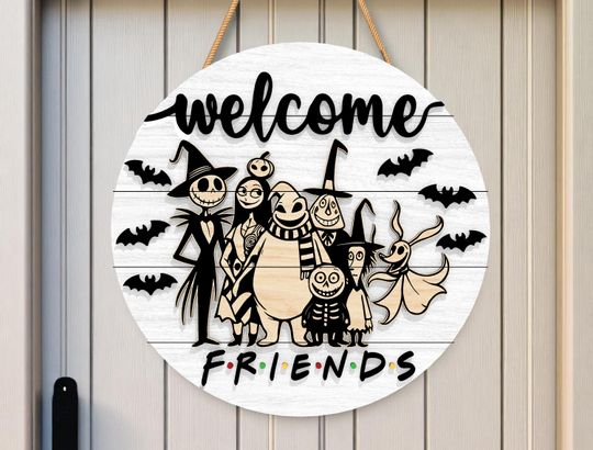 Halloween Welcome Friends Sign, Cute Spooky Door Hanger