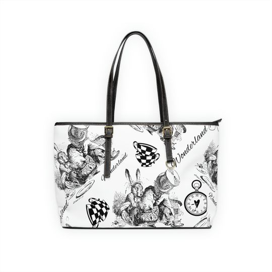 Alice In Wonderland Black and White Leather Shoulder Bag Fantasy Purse Character Purse Black and White Purse Fairytale Purse Storybook Purse