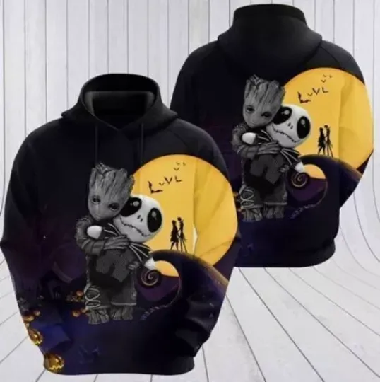 3D Hoodies Groot Hugging Jack Skellington Under Full Moon Halloween