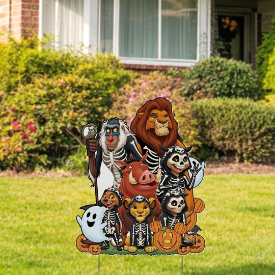 Timon & Pumbaa Halloween Yard Sign Cut Out, Lion King Prop Standee, Disney Jungle Characters Decor, Spooky Animal Yard Halloween Sign NGTT24
