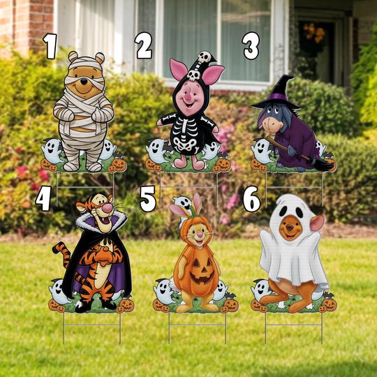 Winnie the Pooh Halloween Yard Sign Cut Out, Disney Halloween Group Standee, Pooh Bear Fall Party Prop,Spooky Cute Outdoor Decoration NGTR06