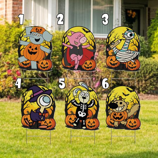 Elephant and Piggie Halloween Yard Sign Cut Out, Book Characters Group Prop, Mo Willems Halloween Standee, Cute Party Yard Decoration