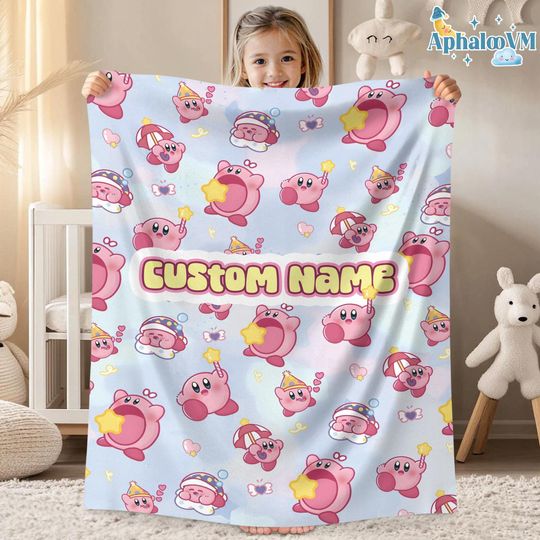 Personalized Kirby Blanket, Pink Kirby Blanket, Kirby Video Games Blanket, Birthday Gifts, Kirby Fleece Blanket, Custom Name Blanket