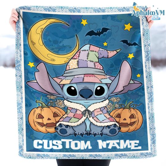 Custom Stitch Halloween Pumpkin Blanket, Disneyland Halloween Party, Stitch Fleece Blanket Gifts for Kids
