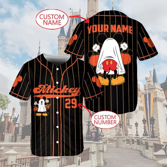 Disney Mickey Halloween Baseball Jersey, Custom Name and Number Shirt, Mickey Ghost Costume Jersey for Adults and Kids, Spooky Disney Outfit