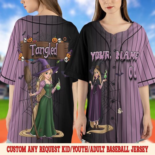 Custom Disney Tangled Princess Halloween Baseball Jersey, Tangled Characters Jersey, Disney Rapunzel Flynn Rider Rascal Jersey SLZ511