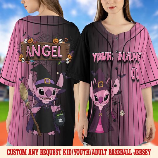 Custom Name Stitch And Angel Halloween Baseball Jersey, Lilo And Stitch Custom Name Kids Jersey, Disneyland Birthday Baseball Jersey