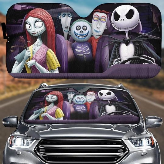 Halloween Jack And Sally Auto Sun Shade, Lock Shock Barrel, Nightmare Before Christmas Car Sunshade, Disney Car Windshield Accessories