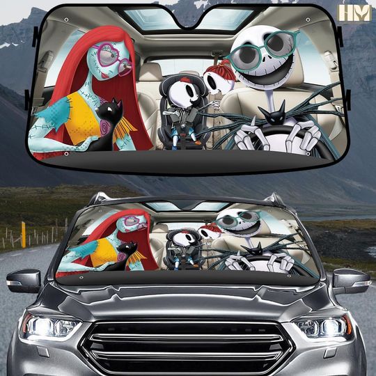 Jack Skellington Car Sunshade, Nightmare Before Christmas Windshield Cover, Jack And Sally Family Car Cover, Halloween Fan Sunshade