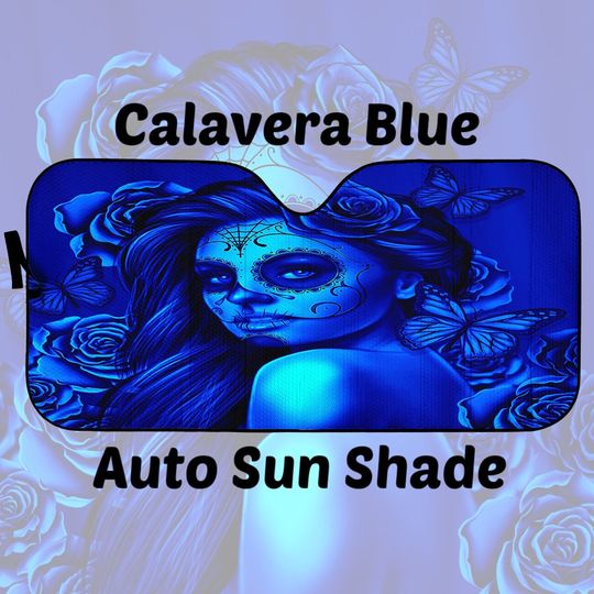 Calavera Car Windshield Sun Shade Halloween (Day Of The Dead / Dia De Los Muertos) Skull Design #2 (Blue Elusive Rose)