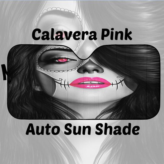 Calavera Car Windshield Sun Shade Halloween (Day Of The Dead / Dia De Los Muertos) Skull Design #4 (Pink)