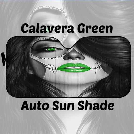 Calavera Car Windshield Sun Shade Halloween (Day Of The Dead / Dia De Los Muertos) Skull Design #4 (Green)