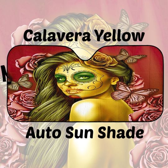 Calavera Car Windshield Sun Shade Halloween (Day Of The Dead / Dia De Los Muertos) Skull Design #2 (Yellow Smiley Face Rose)