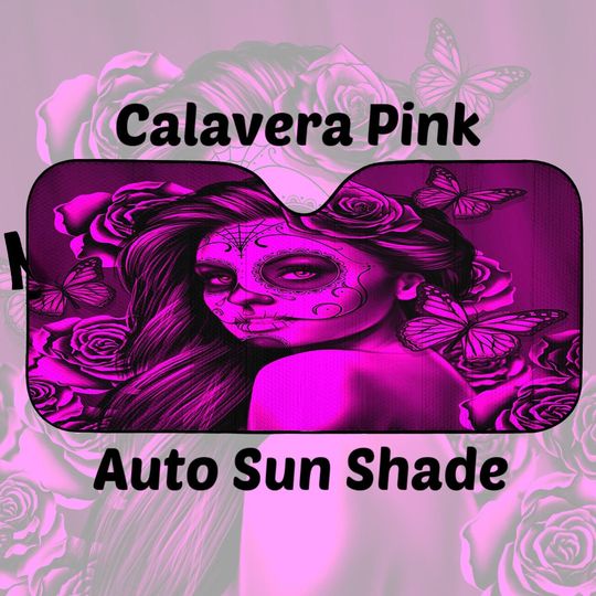 Calavera Car Windshield Sun Shade Halloween (Day Of The Dead / Dia De Los Muertos) Skull Design #2 (Pink Easy On The Eyes Rose)