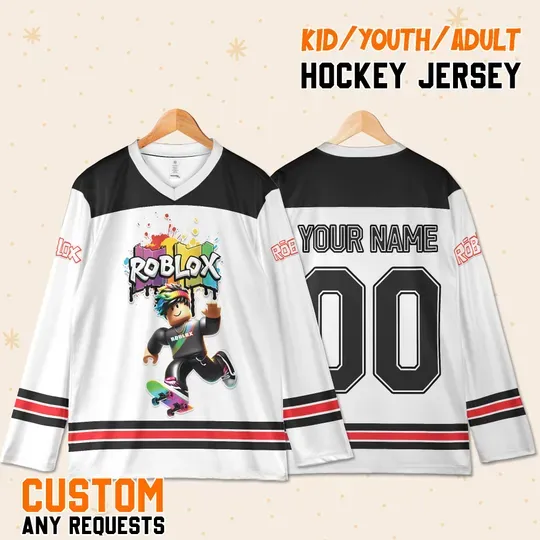 Custom Roblox Hockey Jersey, Holiday Gift for Gamers, Funny Birthday Party Outfit