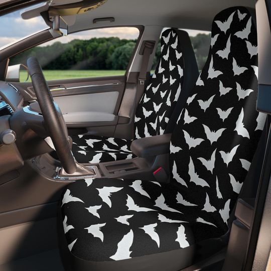 Cute Bat Car Seat Covers, Goth Halloween Car Accessory, Black and White Print, Cute Minimalist Car Decor, Spooky Auto Interior, Alternative