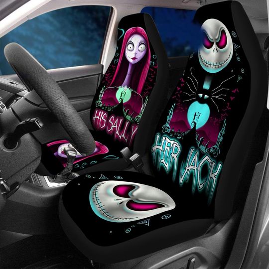 Her Jack His Sally Car Seat Cover, Nightmare Before Christmas Car Covers, Disneyland Front Seat Cover, Couple Halloween Decor For Car