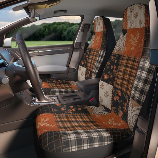 Fall Boho Car Seat Covers, Halloween Thanksgiving Autumn Decor, High End, Cozy Patchwork, Black Orange, Cute Beautiful, Flannel, Lace, Her