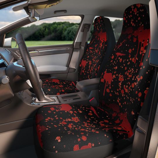 Two Spooky Bloody Splattered Car Seat Covers, weird Emo Goth Halloween Car Accessory Red Black, Alternative Car Accessory, Creepy Auto Decor