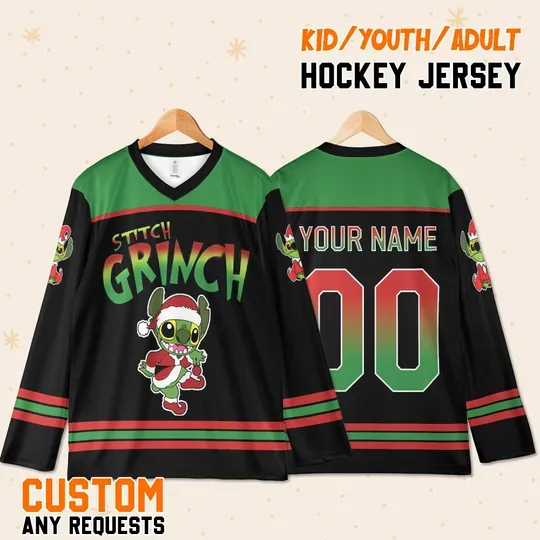 Custom funny character Stitch Christmas Hockey Jersey, Funny Holiday Gift