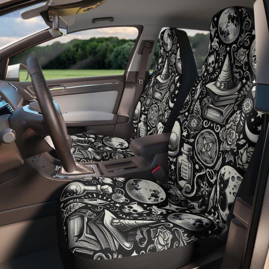 Mystical Witchy Car Seat Covers, Bohemian Auto Accessories, Goth Cat Car Decor, Witchy Gifts for Halloween, Unique Goth Road Trip Essentials