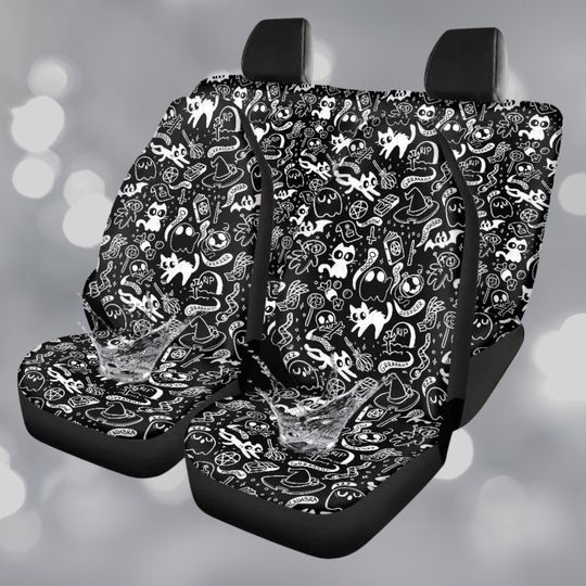 Black & White Spooky Cute Car Seat Covers, Witchy Car Decor, Creepy Cute Seat Covers, Cute Halloween Seat Covers, Kawaii Witchy Car Decor