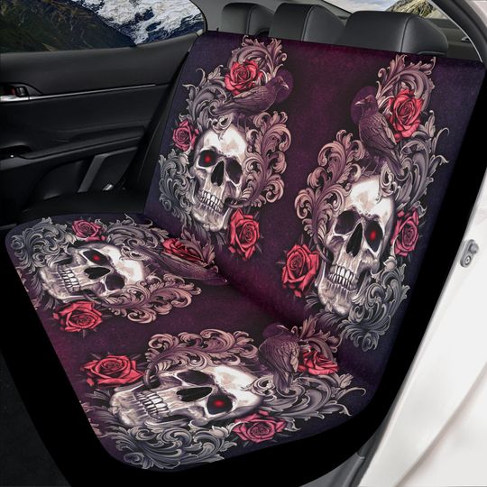 Flower skull seat cover mat for car, Rose skull car seat cover mat Halloween car seat cover, Death skull seat protector cover mat for car