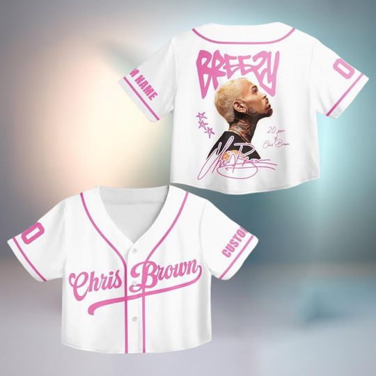 Chris Brown Breezy Crop Top Baseball Jersey, Custom White Pink Concert Tour Shirt
