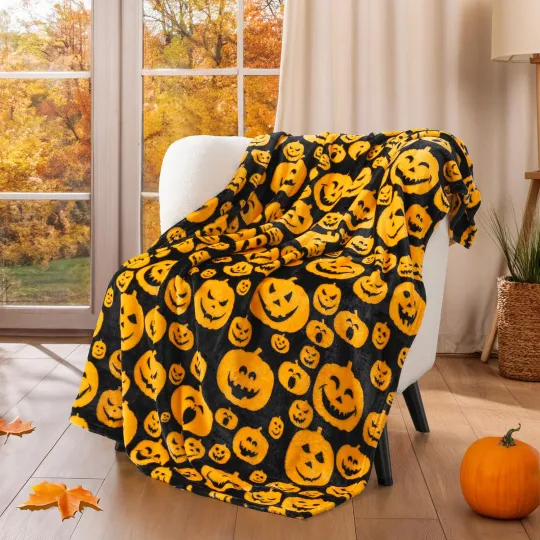 Halloween Throw Blanket Pumpkin and Bat Design Microfiber Fleece Orange Fall Decor