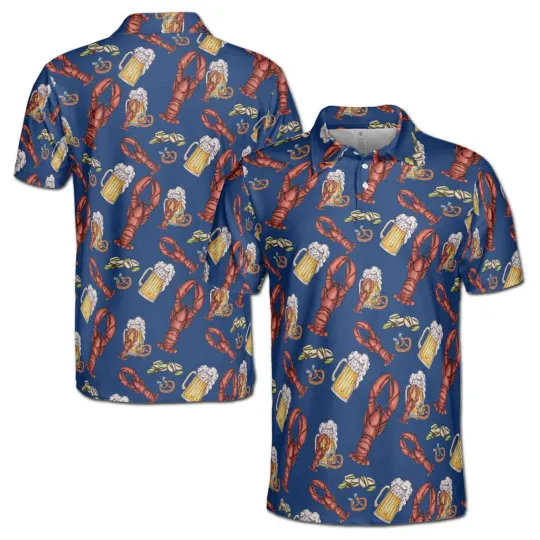 Men's Polo Shirt, Blue Navy, Lobster Beer Design, Pistachio