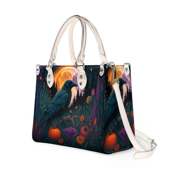 Witchy Crow Halloween Leather Handbag, Witchy Crow Halloween Leather Bag, Shoulder Bag, Crossbody Bag, Top Handle Bag