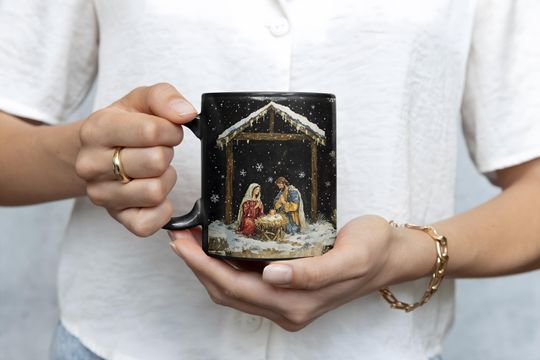 Silent Night Nativity Catholic Mug, Festive Christmas Holy Family Mug, Winter Aesthetic, Christmas Theme Mug, Catholic Christmas Gift Mug