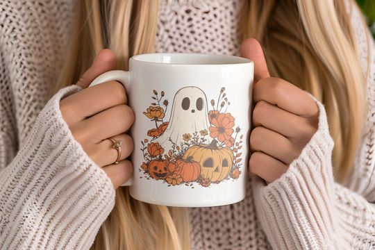 Discover Cute Cottagecore Ghost Coffee Mug, Retro Spooky Witchy Mugs for Ghost Lovers, Halloween Gift Cup, Fall Mugs, Wildflower Ghost Mug