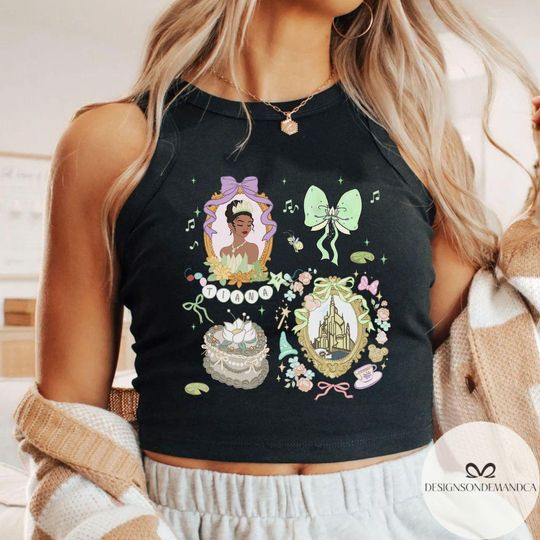Coquette bow Tiana Princess Crop Tank Top, Princess & the Frog WDW Disneyland Girls trip baby tee, Girly aesthetic shirt