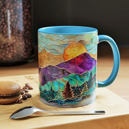 Stained Glass Mountain Mug Watercolor Sunset Ceramic Coffee Cup 15oz