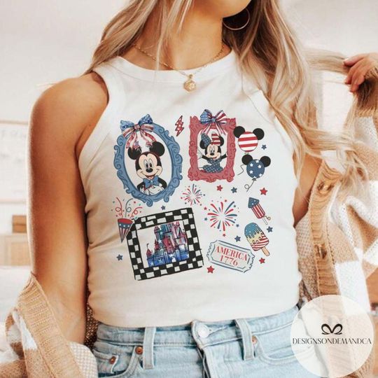 Discover Coquette bows Mickey Minnie 4th of July shirt Baby tee Croptop tank,USA Flag Patriotic Comfort Colors shirt, WDW Disneyland Independence Tee