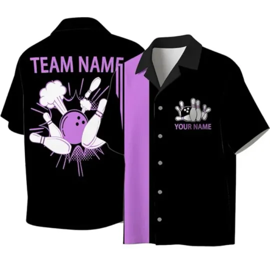 Customized Name Purple And Black Mens Bowling Hawaiian Shirt