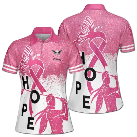 Women's Pink Fraud Glitter Hope Polo Shirt for Lady Golfer, Custom Name