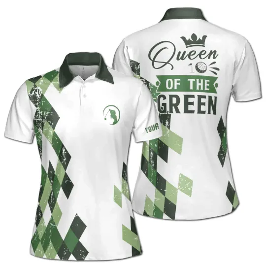 Women's Polo Shirt, Customize Name Queen of The Green Argyle Golf