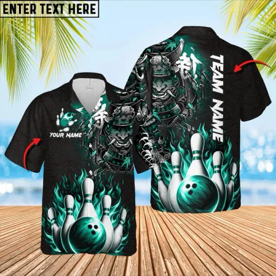 Bowling Samurai Warrior Madness Cyan Custom Name Team Name Hawaiian Shirt