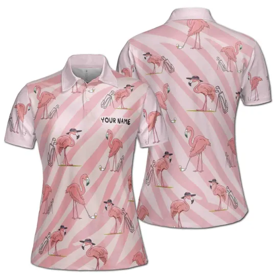 Women's Pink Golf Polo Shirt with Flamingo and Custom Name
