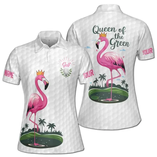 Women's Polo Shirt Custom Name Golf Queen of the Green Flamingo S-5XL
