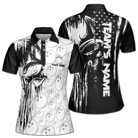 Women's Polo Shirt Skull Bowling Custom Team Name American Grunge Flag