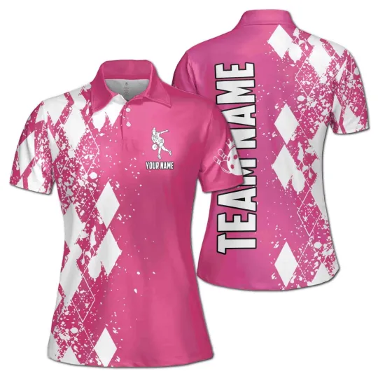 Customized Pink Bowling White Argyle Pattern Women's Polo Shirt