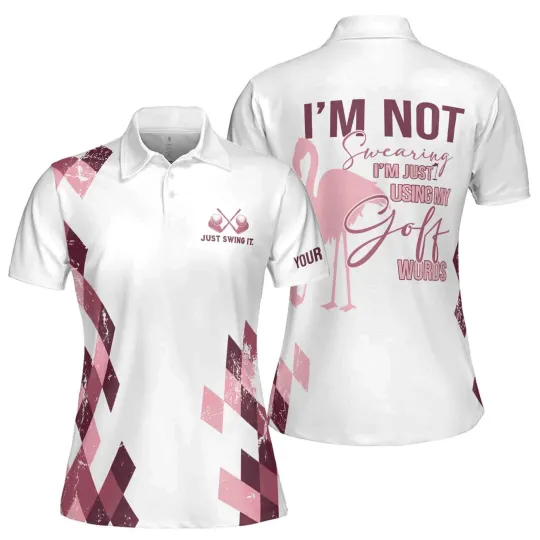 Women's Pink Flamingo Argyle Golf Polo Shirt, Custom Name, Just Swing It