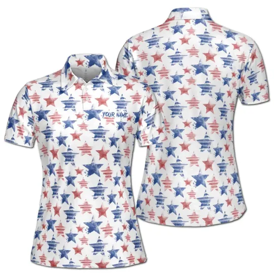 Women's Watercolor America Star Polo Shirt, Custom Name