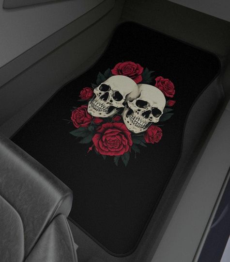 Skull and Roses Halloween Gothic Floor Mats, Set of 4 Vehicle Floor Liners, Spooky Auto Accessories, Rubber Car Mats, Non-Slip Truck Mats