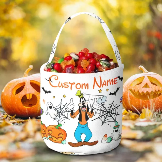 Personalized Goofy Dog Happy Halloween Spooky Season Fabric Candy Basket