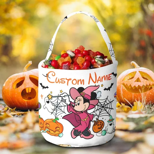 Personalized Pooh Bear Minnie & Dalmatian Halloween Witch Fabric Candy Basket