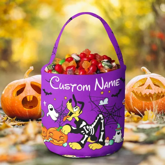 Personalized Pluto Goofy Dog & Stitch Skeleton Halloween Fabric Candy Basket